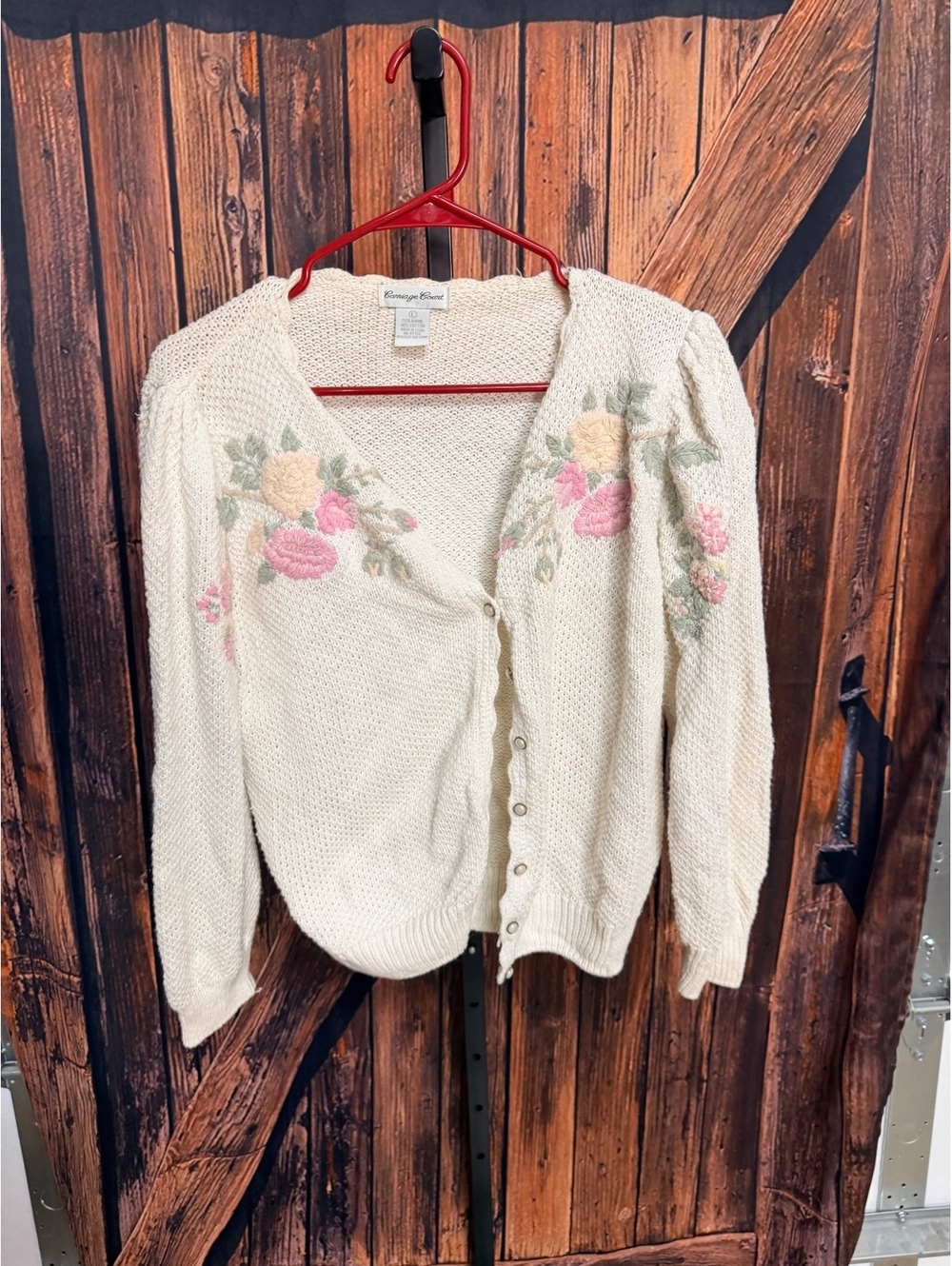 Carriage Court Cream Knit Cardigan with Floral Embroidery and Pearl Buttons Size